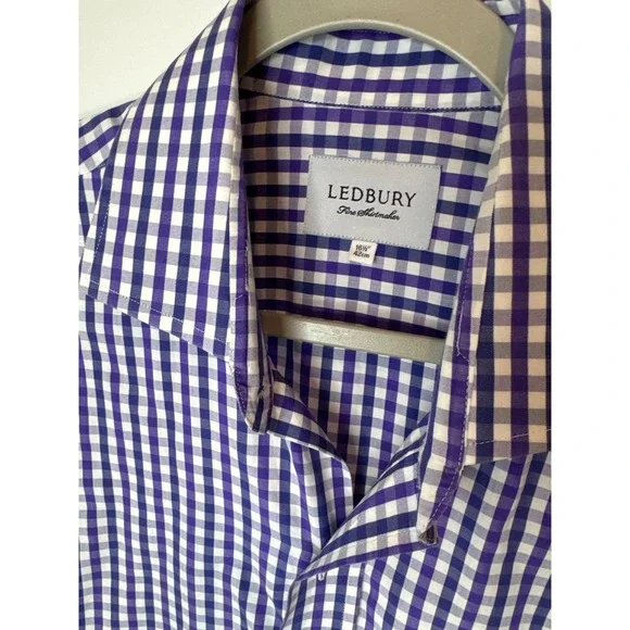 Ledbury Mens Purple White Gingham Check Long Sleeve Dress Shirt 16.5 42cm - Picture 2 of 4